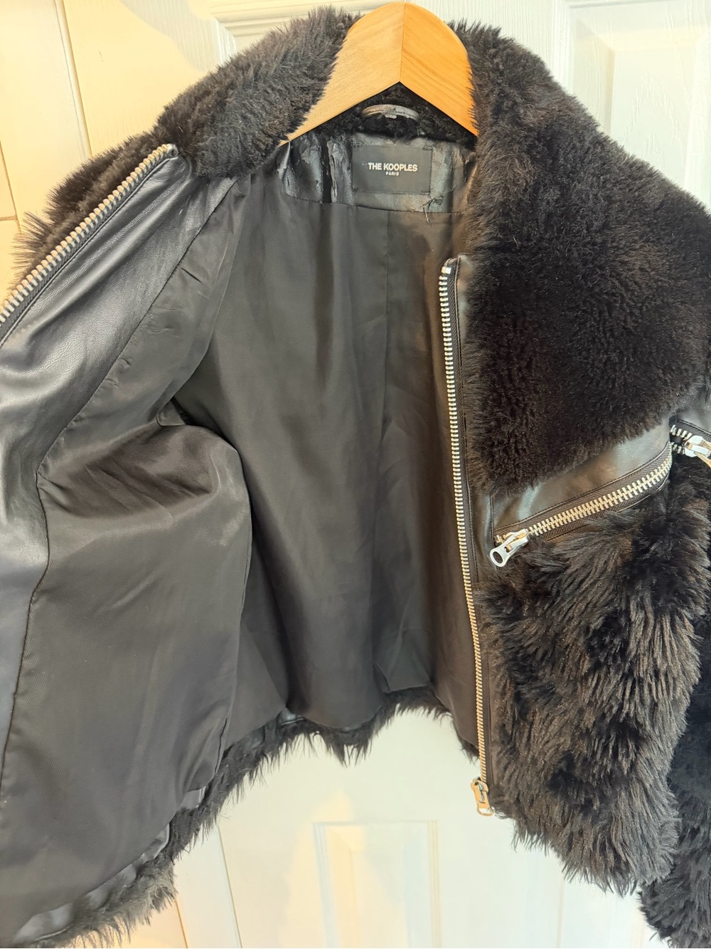 THE KOOPLES Black Faux Fur Zipper Jacket, Size Small, MOTO, LUXURY - Picture 4 of 7